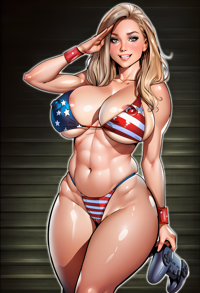 Giselle Nyfall, a busty blond game girl from the urban fantasy erotica series Splendificent, posing in a skimpy American flag bikini for a 4th of July character interview